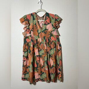 Green Orange Floral Tropical V- Neck Dress Size Large Flowy Tropical Boho